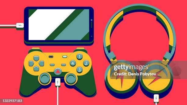 modern simple vector composition illustration - electronic entertainment gadgets. - playing games on phone stock illustrations