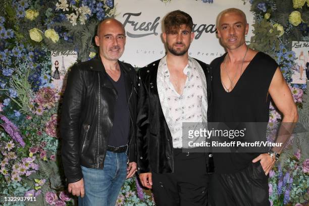 Gilles Muzas, Yanis Bargoin and Maxime Dereymez attend the "Fresh Magazine" launch party on June 10, 2021 in Paris, France.