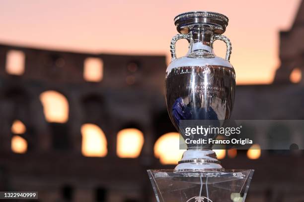 European Football Championship trophy cup is seen at the Colosseum during the FIGC UEFA Euro 2020 Opening Event on June 10, 2021 in Rome, Italy.