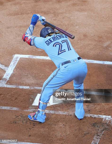 Vladimir Guerrero Jr. #27 of the Toronto Blue Jays reacts after striking out in the 1st inning against the Chicago White Sox at Guaranteed Rate Field...