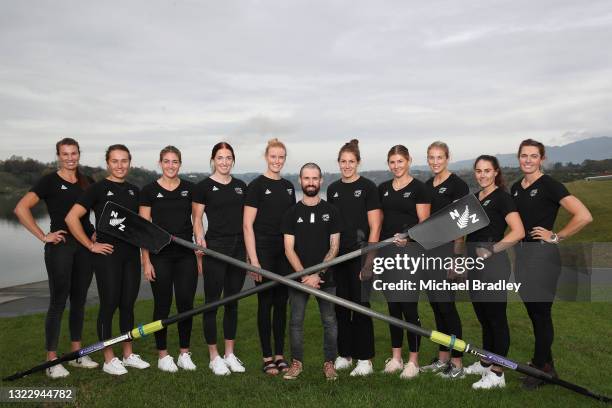 The Women's Eight during the New Zealand Olympic Committee Rowing team announcement at Lake Karapiro on June 11, 2021 in Cambridge, New Zealand.