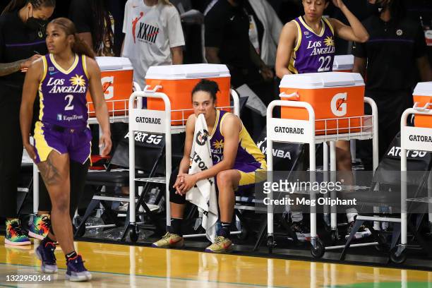 Kristi Toliver of the Los Angeles Sparks looks on from the sideline during the game against the Chicago Sky at Los Angeles Convention Center on June...