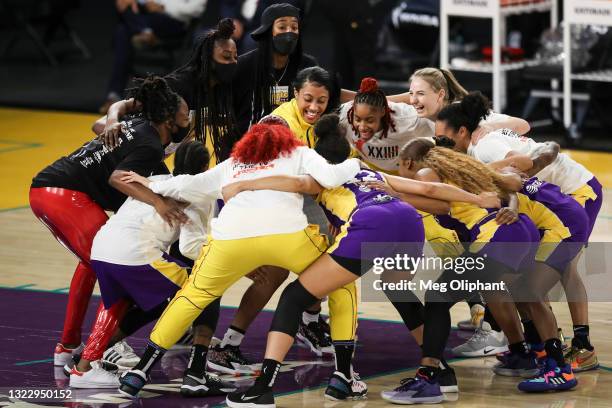 The Los Angeles Sparks huddle before the game against the Chicago Sky at Los Angeles Convention Center on June 05, 2021 in Los Angeles, California....