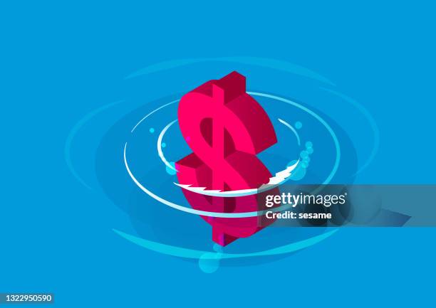 isometric dollar sign falling into water, currency crisis, exchange rate drop and crisis - floating on water stock illustrations