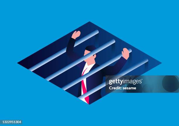 isometric businessman trapped inside a cage trap - prisoner vector stock illustrations