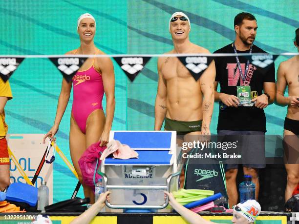 Emma McKeon of Griffith University and Cody Simpson of Superfish during a training session ahead of the 2021 Australian National Olympic Swimming...