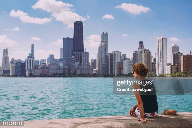 adult woman looking at chicago skyline - seen great lakes stock pictures, royalty-free photos & images