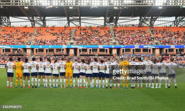 United States Women's National Team line up before a game between Portugal and USWNT at BBVA Stadium on June 10, 2021 in Houston, Texas.