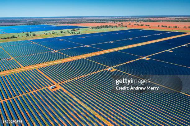 large solar power station, solar farm, renewable energy plant, aerial view - australien bildbanksfoton och bilder