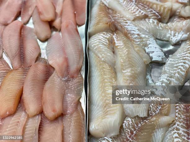 fresh raw fish filets at market - aliment préparé en filet photos et images de collection