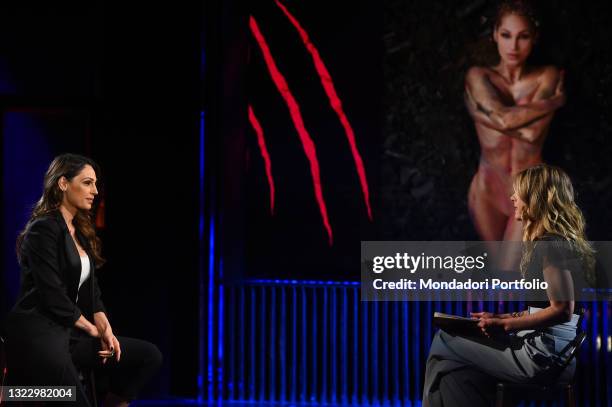 Italian singer Anna Tatangelo and Italian presenter Francesca Fagnani during the broadcast Belve. Rome , June 10th, 2021