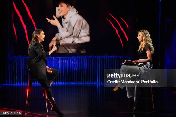 Italian singer Anna Tatangelo and Italian presenter Francesca Fagnani during the broadcast Belve. Rome , June 10th, 2021