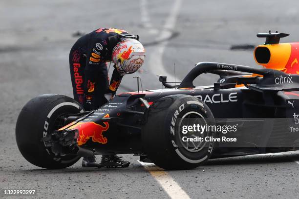 Max Verstappen of the Netherlands driving the Red Bull Racing RB16B Honda crashes during the F1 Grand Prix of Azerbaijan at Baku City Circuit on June...