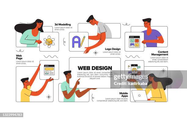 web design concept flat line illustration with icons - typewriter isolated stock illustrations