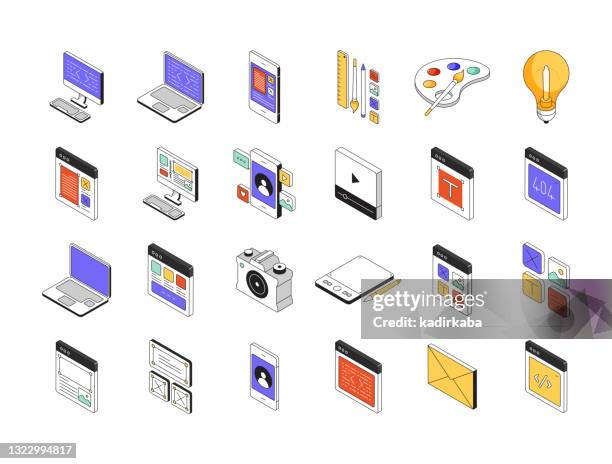 ilustraciones, imágenes clip art, dibujos animados e iconos de stock de diseño web conjunto de iconos isométricos y diseño tridimensional - diseño web