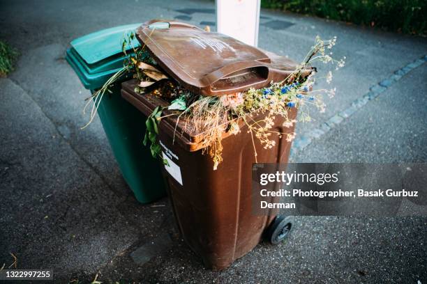 garden waste in a a 240-litre brown wheeled bin - garbage bin stock pictures, royalty-free photos & images