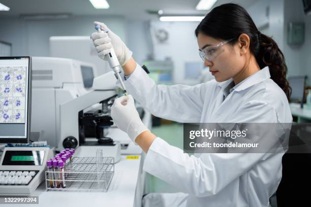 medical technicians doctor looking at the microscope - laboratory imagens e fotografias de stock