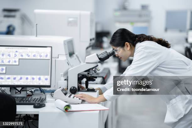 medizintechniker arzt beim blick auf das mikroskop - histology stock-fotos und bilder