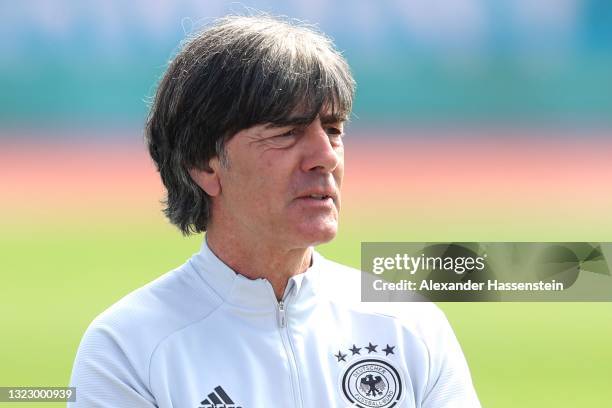 Head coach Joachim Löw of Germany attends a training session of team Germany at the team Germany EURO2020 training camp at Herzo-Base on June 11,...