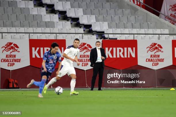 Head coach Dragan Stojkovic of Serbia looks on during the international friendly match between Japan and Serbia at Noevir Stadium Kobe on June 11,...