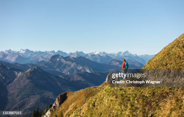 woman hiking in the bavarian alps - alpes do allgäu imagens e fotografias de stock