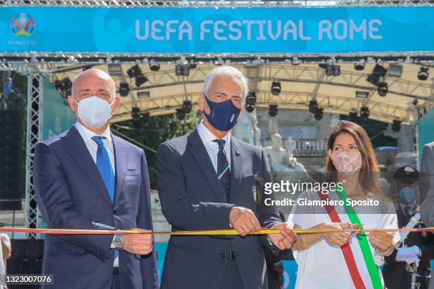 President Gabriele Gravina and Rome's mayor Virginia Raggi attend the UEFA Euro 2020 Fan Village Opening on June 11, 2021 in Rome, Italy.