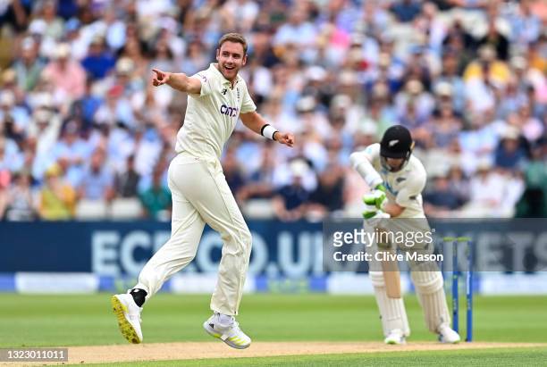 Stuart Broad of England appeals for the wicket of Tom Latham of New Zealand during day two of the second Test Match at Edgbaston on June 11, 2021 in...