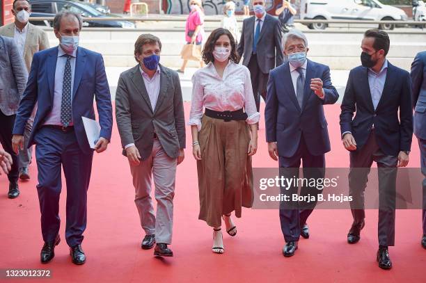 Madrid Mayor Jose Luis Martinez-Almeida, President of Madrid Isabel Diaz Ayuso and Enrique Cerezo arrives to presentation of Platino Awards 2021 on...