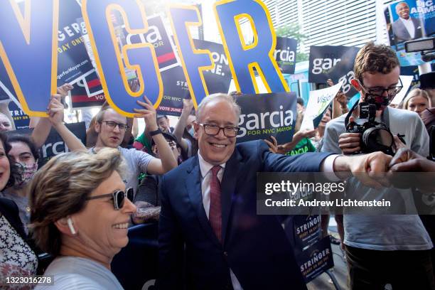 New York City mayoral candidate Scott Stringer greets supporters before the second televised debate on June 10, 2021 outside of the CBS television...
