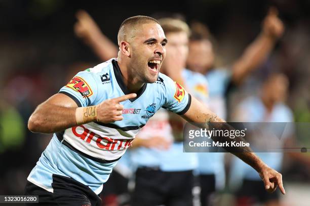 William Kennedy of the Sharks celebrates victory during the round 14 NRL match between the Cronulla Sharks and the Penrith Panthers at Netstrata...