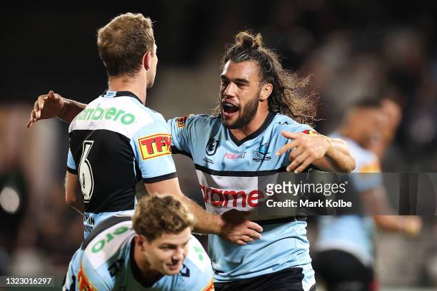 Toby Rudolf of the Sharks celebrates victory during the round 14 NRL match between the Cronulla Sharks and the Penrith Panthers at Netstrata Jubilee...