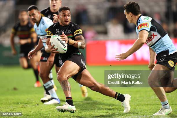 Apisai Koroisau of the Panthers makes a break during the round 14 NRL match between the Cronulla Sharks and the Penrith Panthers at Netstrata Jubilee...