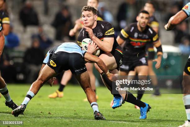 Liam Martin of the Panthers runs the ball during the round 14 NRL match between the Cronulla Sharks and the Penrith Panthers at Netstrata Jubilee...