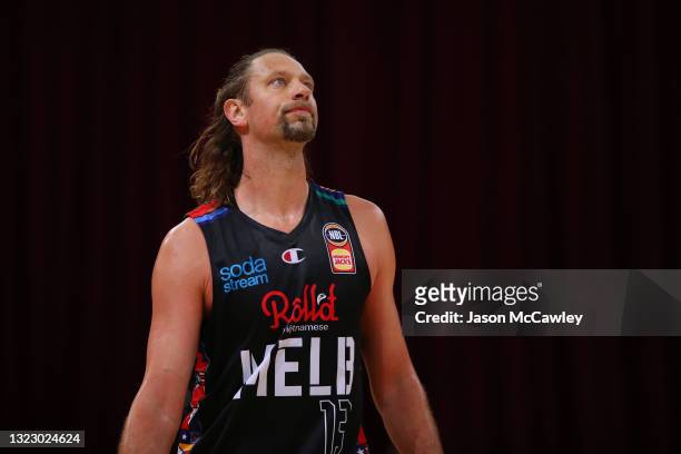 David Andersen of United looks on during game one of the NBL Semi-Final Series between Melbourne United and the South East Melbourne Phoenix at Qudos...