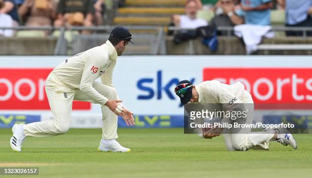 Joe Root of England drops a catch from the bat of Will Young of New Zealand watched by Dom Sibley during the second day of the second LV= Test Match...