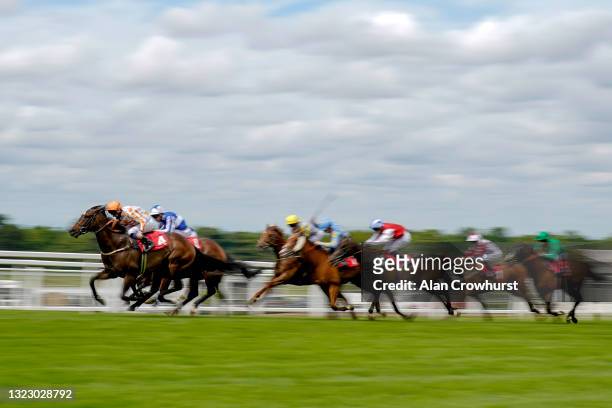 Martin Dwyer riding Shuv H'Penny King win The Sandown Park Supporting Racingwithpride Handicap at Sandown Park on June 11, 2021 in Esher, England....