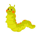 Cute green smiling caterpillar on white background