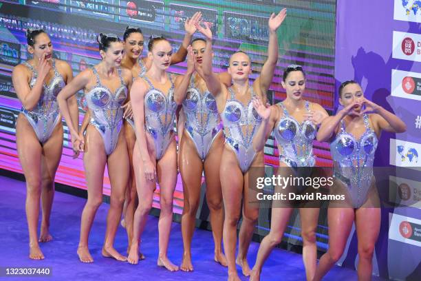 The United States team wave after competing during the Team Free Routine Final as part of the FINA Artistic Swimming Olympic Games Qualifying...