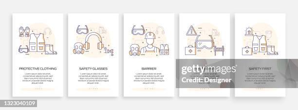 work safety concept onboarding mobile app page screen with icons. ux, ui design template vector illustration - protective workwear stock illustrations