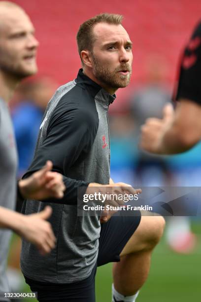 Christian Eriksen of Denmark looks on during the Denmark Training Session ahead of the UEFA Euro 2020 Championship Group B match between Denmark and...