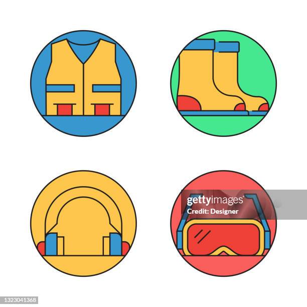 work safety related flat line icons. vector symbol illustration. - construction worker mask stock illustrations