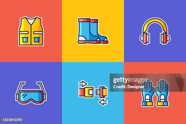 work safety related flat line icons. vector symbol illustration. - construction worker mask stock illustrations