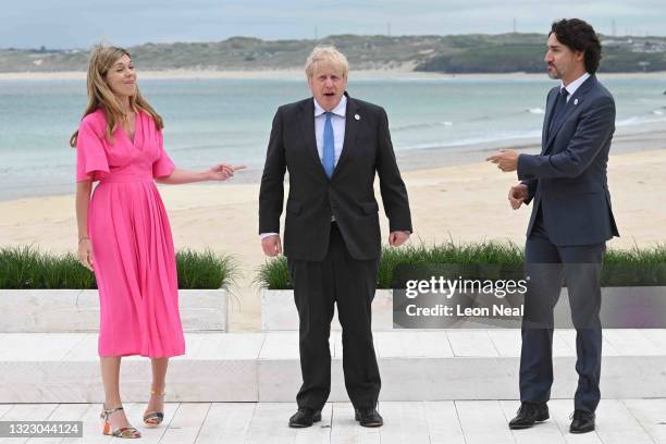 Prime Minister of United Kingdom, Boris Johnson, and wife Carrie Johnson, pose with Prime Minister of Canada, Justin Trudeau, during the Leaders...