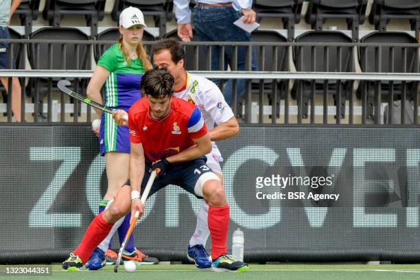 Nicolas Dumot of France, Alvaro Iglesias of Spain during the Euro Hockey Championships match between Spain and France at Wagener Stadion on June 11,...