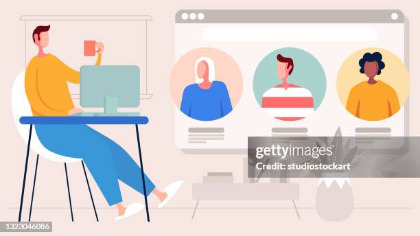 video conference internet meeting and live video chat - employee engagement remote stock illustrations