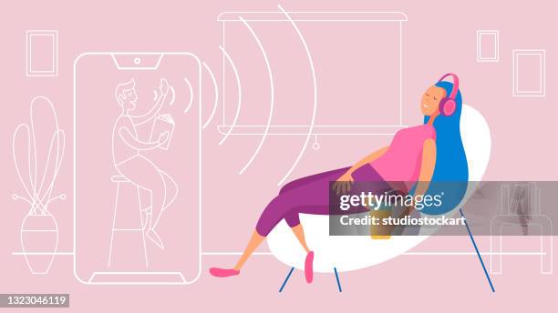 ilustraciones, imágenes clip art, dibujos animados e iconos de stock de mujer joven escuchando audiolibro en casa - audiolibro