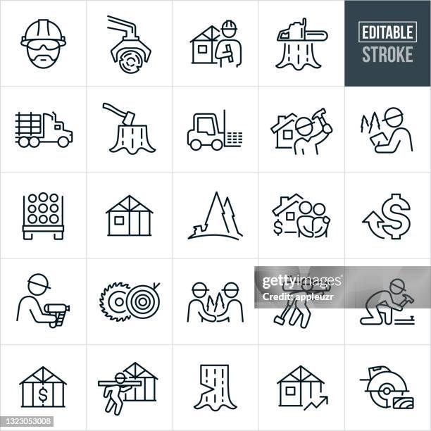 stockillustraties, clipart, cartoons en iconen met lumber industry thin line icons - bewerkbare lijn - bouwwerk