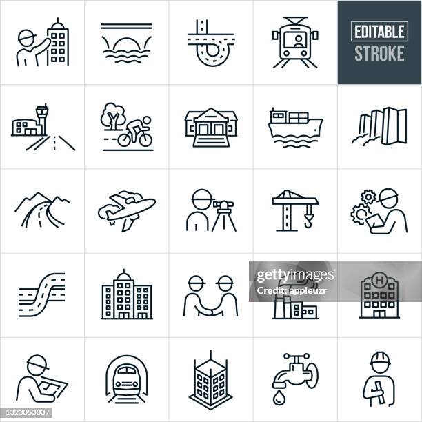 ilustraciones, imágenes clip art, dibujos animados e iconos de stock de iconos de línea delgada de infraestructura: trazo editable - transporte