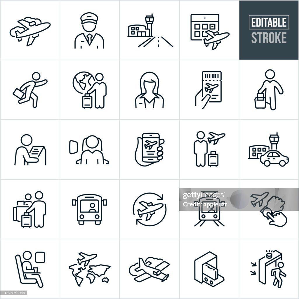 Air Travel Thin Line Icons - Bearbeitbarer Strich