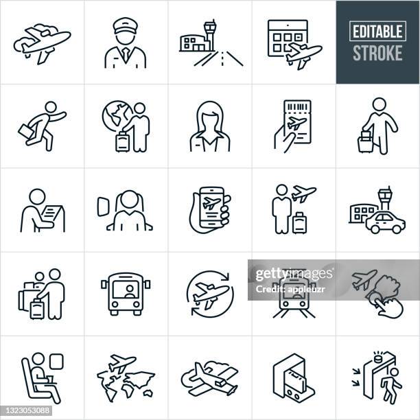 air travel thin line icons - bearbeitbarer strich - check in airport stock-grafiken, -clipart, -cartoons und -symbole